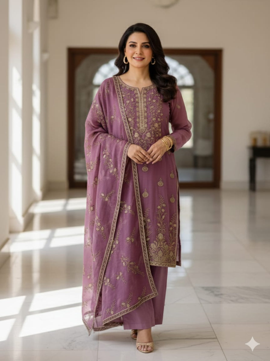 Woman in a traditional outfit standing in a well-lit room with large windows.