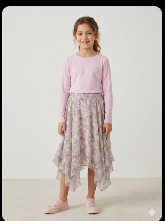 Girls' Floral Chiffon & Lavender Tee Ensemble 7 to 10 y