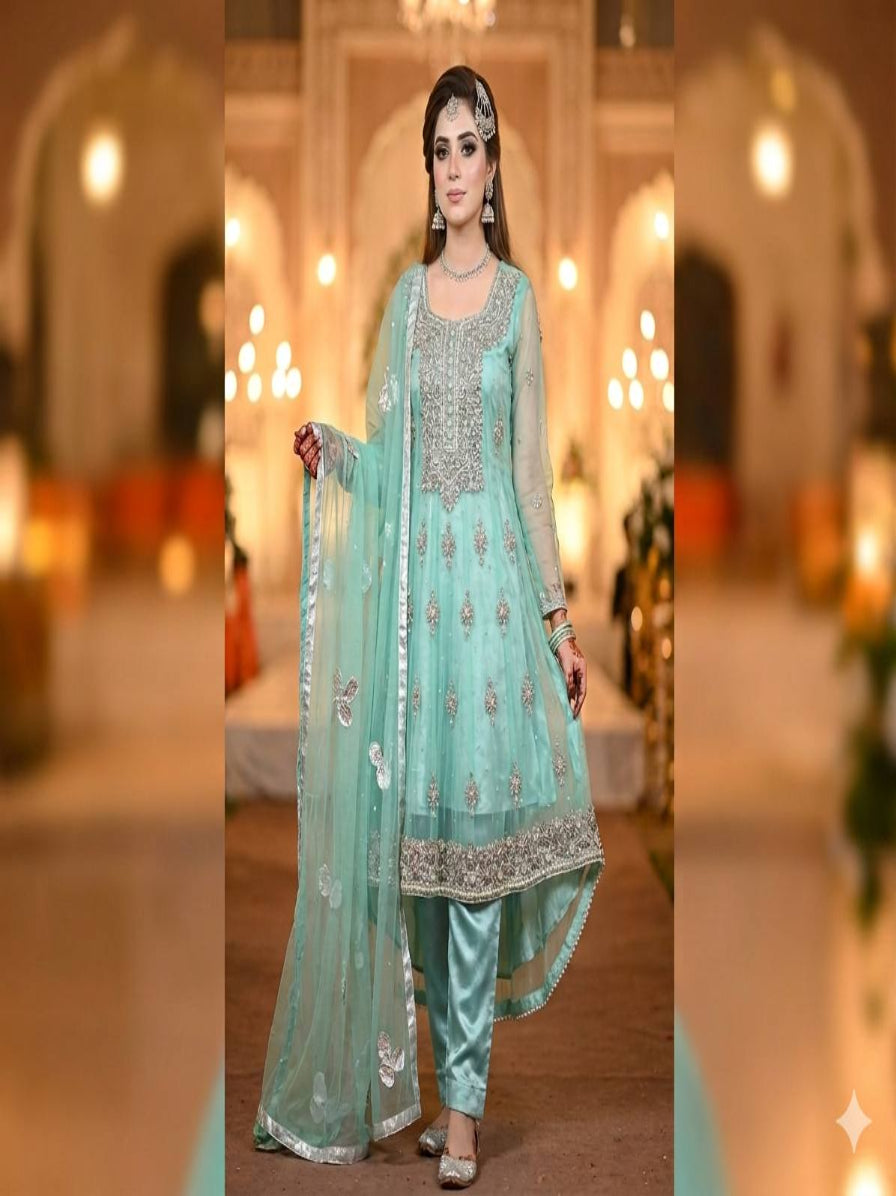 Elegant 4-Piece Preloved Mint Green Tail Frock