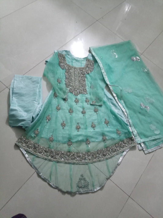 Elegant 4-Piece Preloved Mint Green Tail Frock