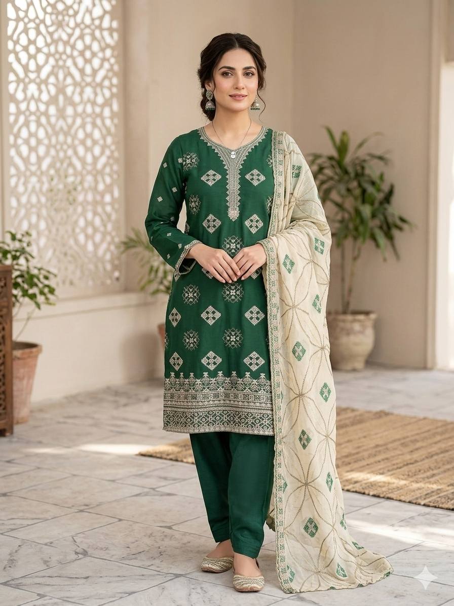 Emerald Green & Cream Embroidered 3-Piece Suite