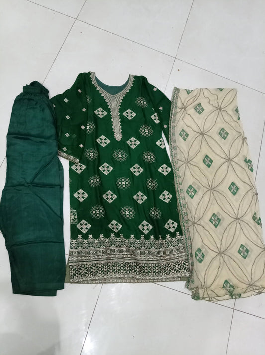 Emerald Green & Cream Embroidered 3-Piece Suite