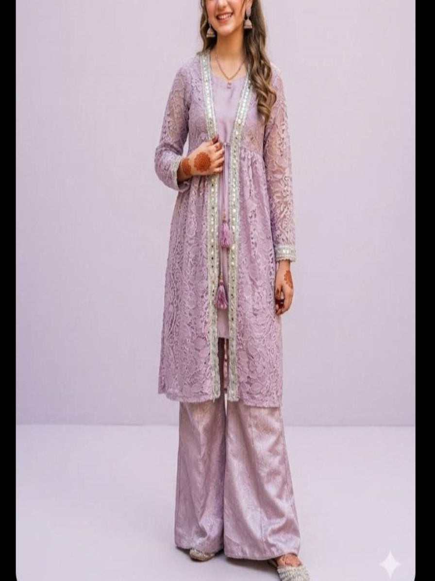 Lavender Net Gown & Jamawar Bell-Bottom Plazo Set