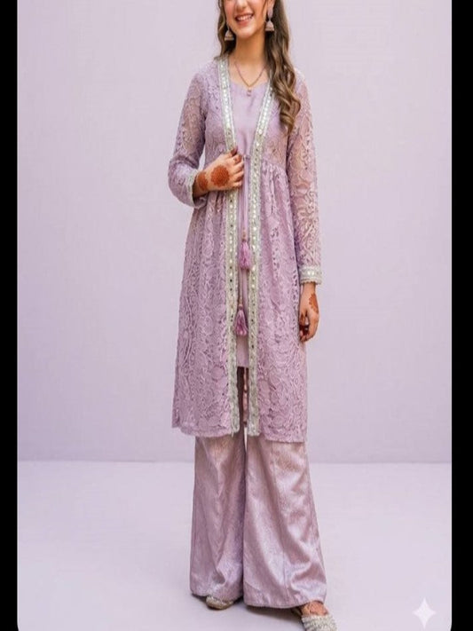 Lavender Net Gown & Jamawar Bell-Bottom Plazo Set