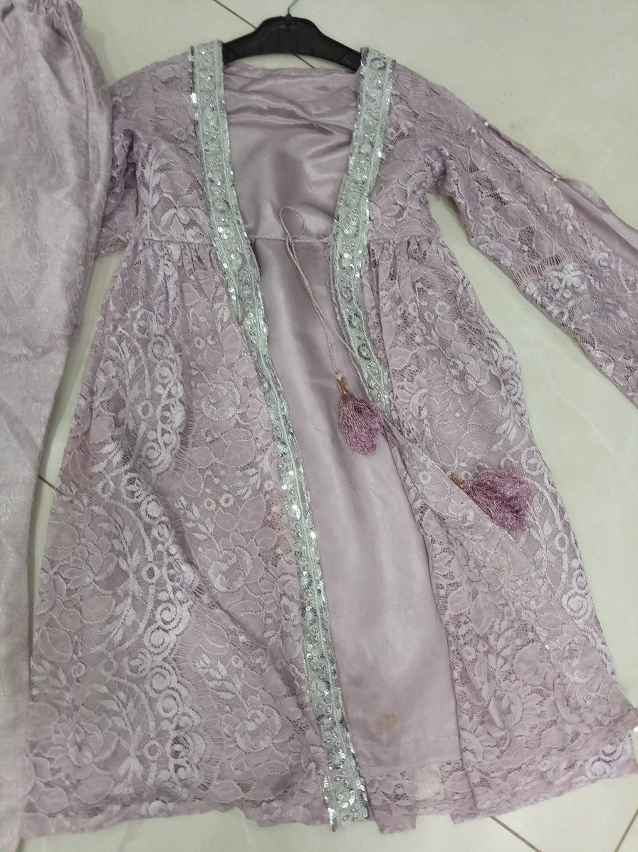 Lavender Net Gown & Jamawar Bell-Bottom Plazo Set