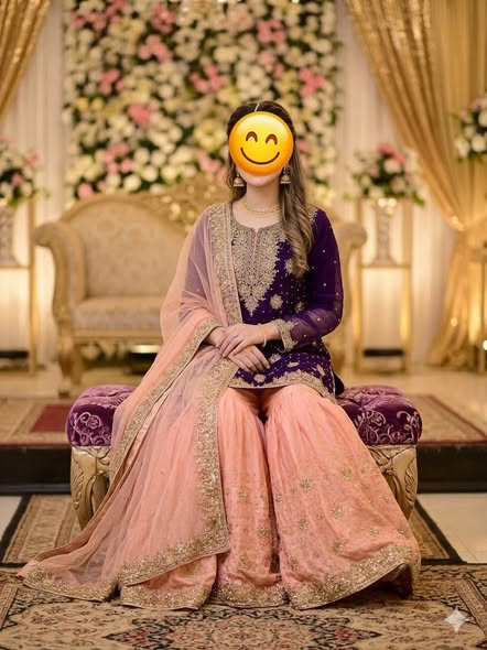 Purple and Peach Hand-Embroidered Gharara Suit for Weddings