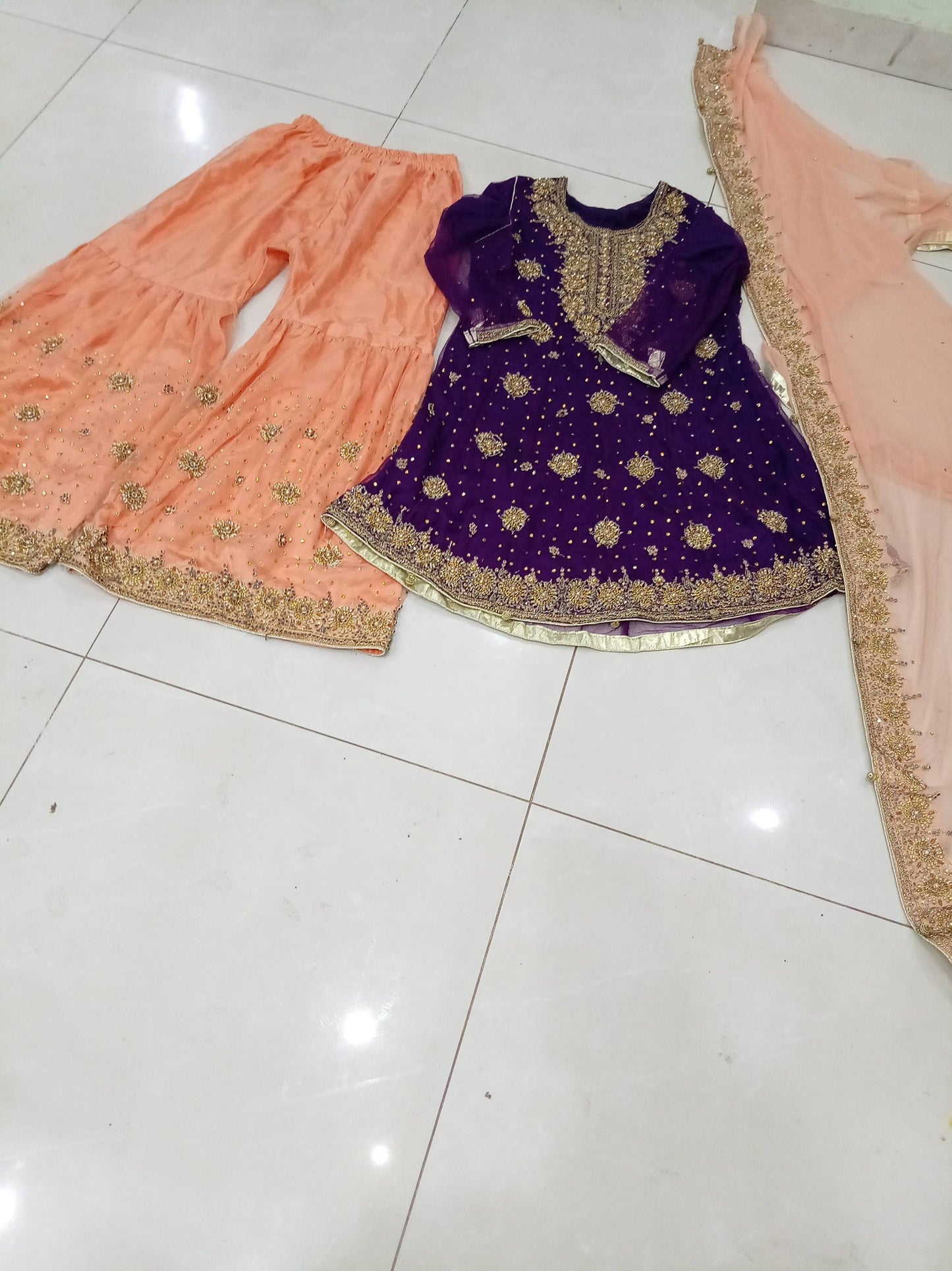 Purple and Peach Hand-Embroidered Gharara Suit for Weddings