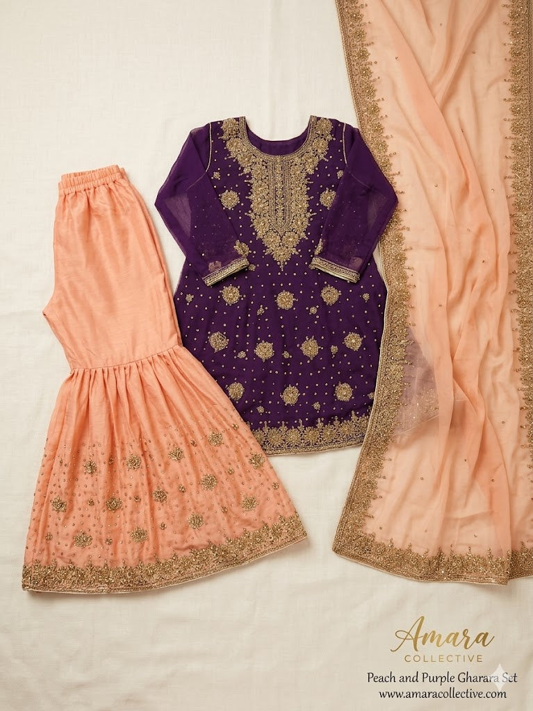 Purple and Peach Hand-Embroidered Gharara Suit for Weddings