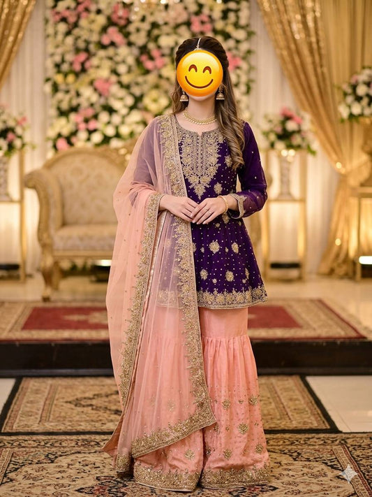 Purple and Peach Hand-Embroidered Gharara Suit for Weddings